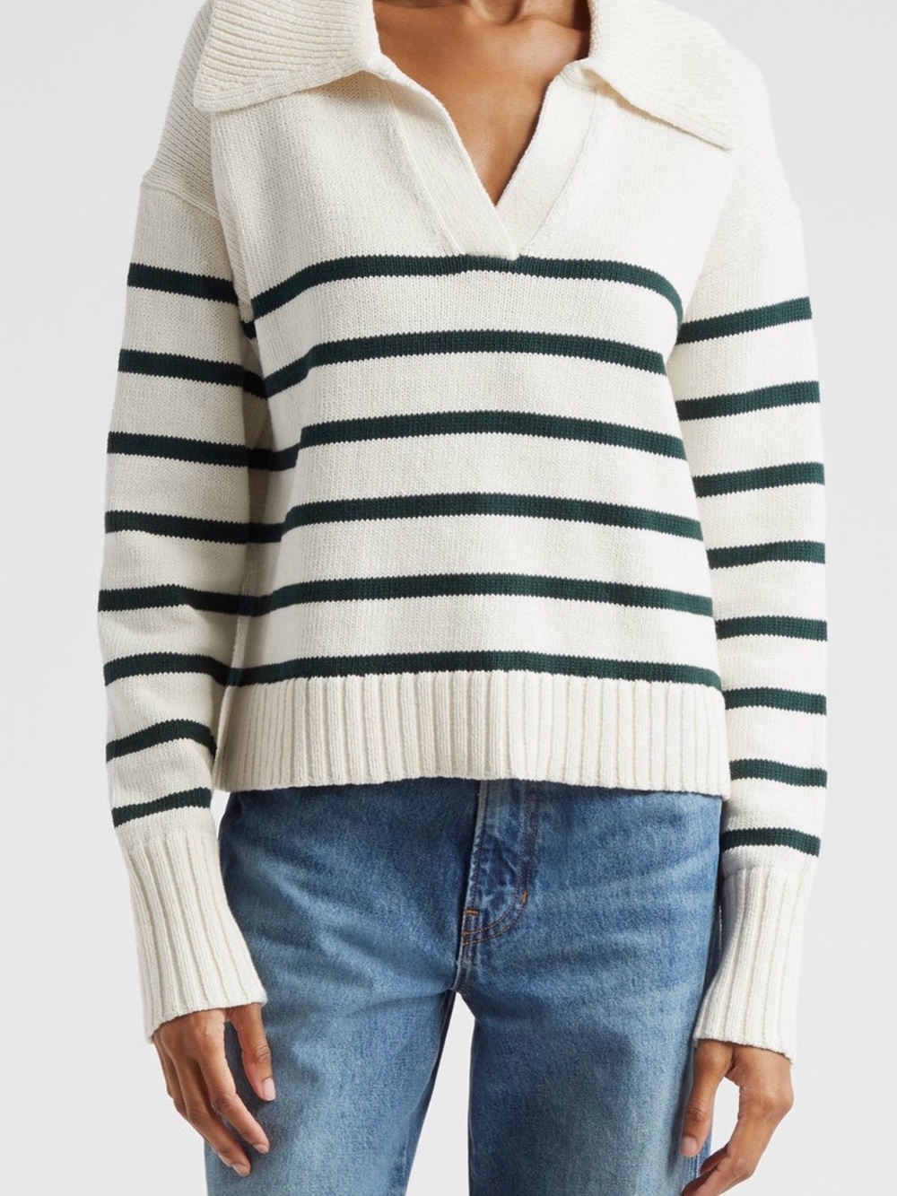 Veronica Beard Cream Sweater with Dark Green Stripes V-Neck